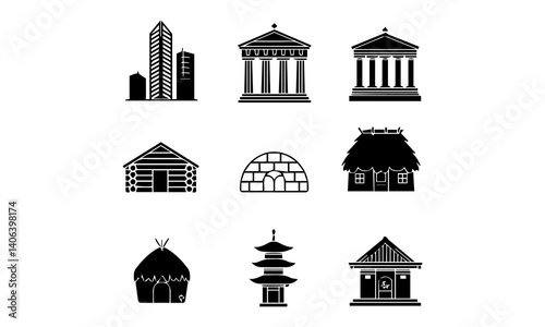 A silhouette Building icon set on white background 