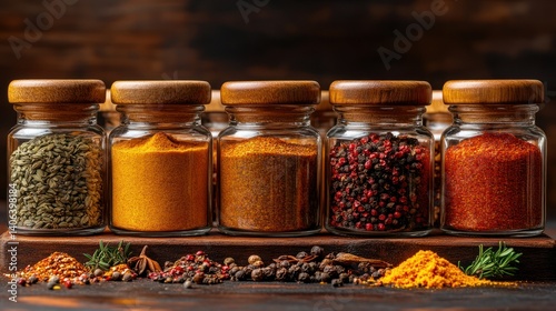 Fototapeta Naklejka Na Ścianę i Meble -  Colorful spice jars arranged on a rustic wooden surface.  A variety of ground and whole spices in clear glass jars with wooden lids