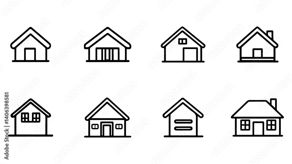 A silhouette house icon set line art on white background A silhouette house icon set line art on white background