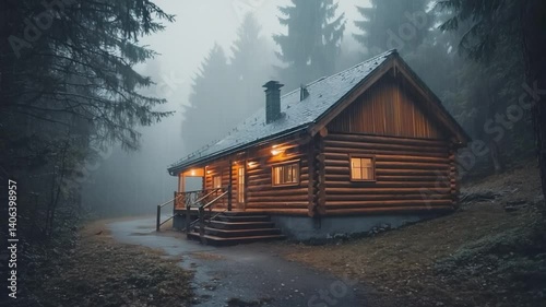 Log Cabin in a Lush Forest with Rain. Lush Trees in a Rainy Forest