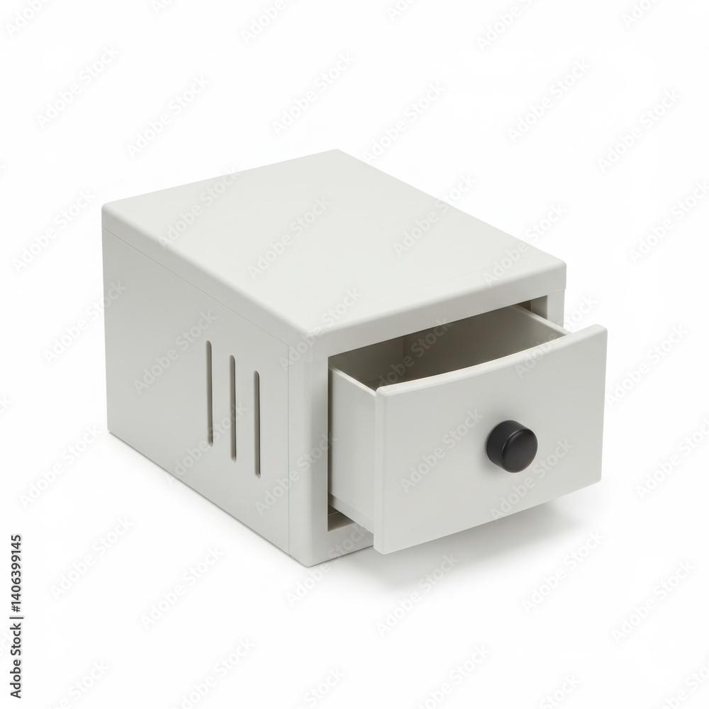 Fototapeta premium Small box with drawer slightly open and knob in front view angle isolated on white background
