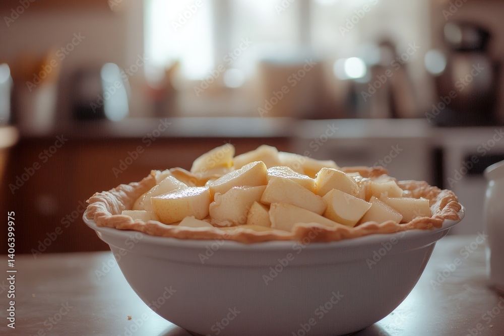 A homemade apple pie with diced apples in a ceramic baking dish. A homemade apple pie with diced apples in a ceramic baking dish.