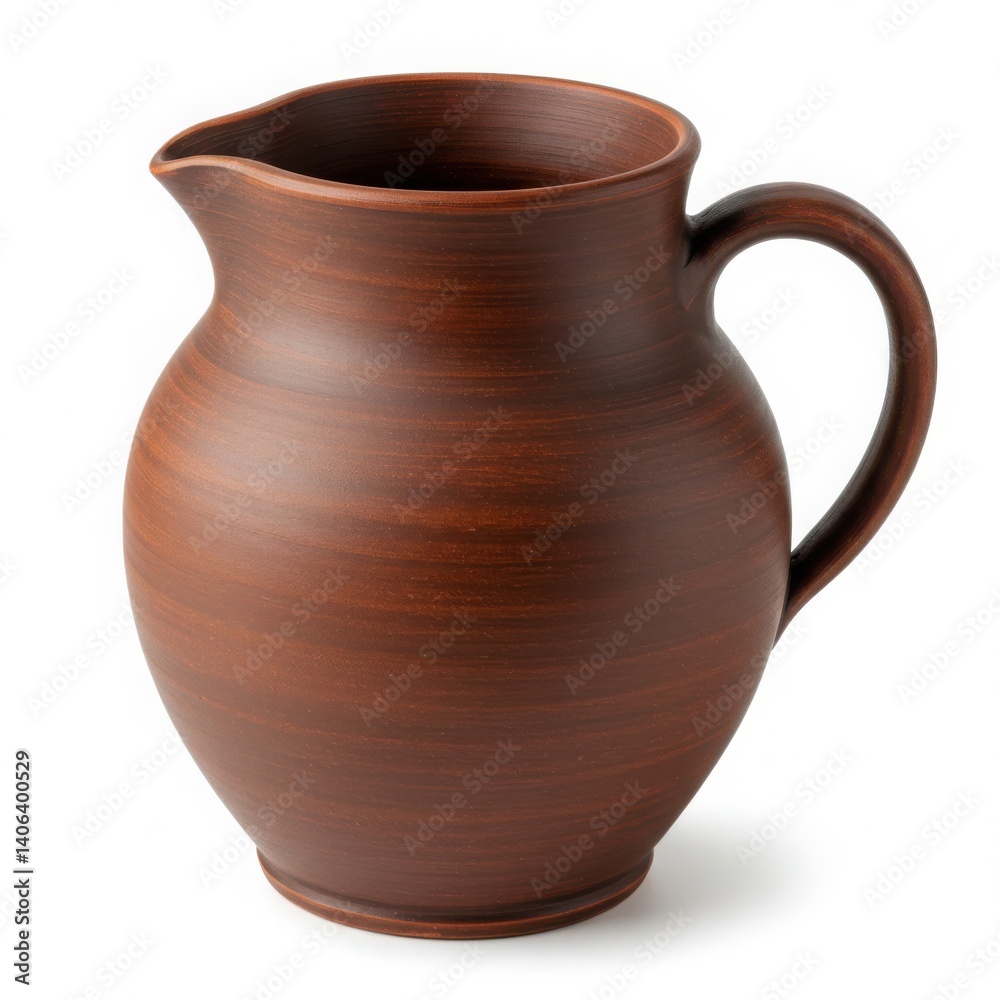 A brown ceramic pitcher with handle and spout against a backdrop isolated on white background A brown ceramic pitcher with handle and spout against a backdrop isolated on white background