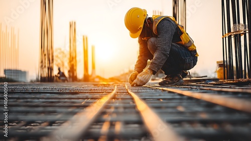 Construction worker tying steel reinforcement bars at sunrise on a building site