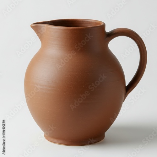 A simple brown ceramic pitcher with handle and spout on plain surface isolated on white background