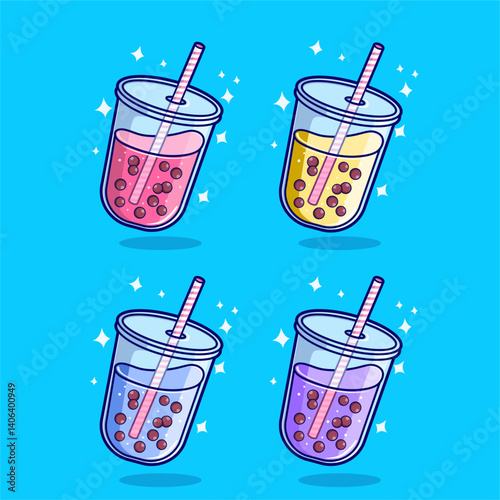 Set of cute cartoon bubble tea drinks isolated on blue background