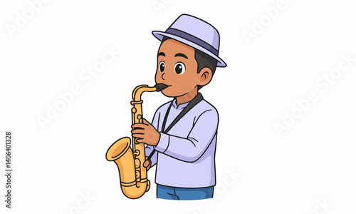 cute boy saxophonist with hat performing to play saxophone vector illustration