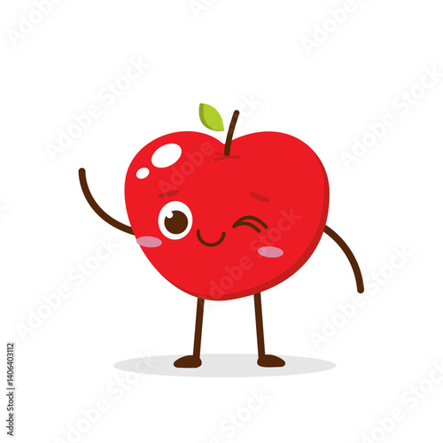 Cute red apple cartoon character with winking eye, showing a Excited pose. Perfect for kids illustrations, healthy food designs, or educational materials. Isolated on white background with soft shadow