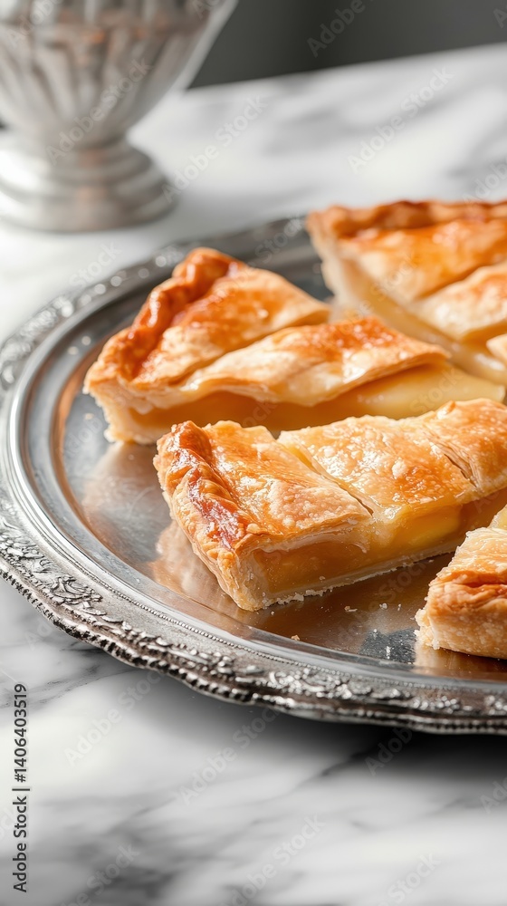 Golden slices of apple pie on a decorative silver tray. Golden slices of apple pie on a decorative silver tray.