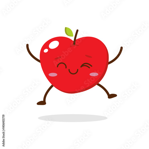 Cute red apple cartoon character with winking eye, showing a Excited pose. Perfect for kids illustrations, healthy food designs, or educational materials. Isolated on white background with soft shadow