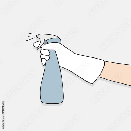 Holding a cleaning spray with a gloved hand. Vector design illustration related to cleaning