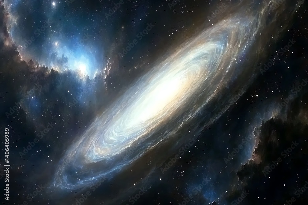 Serene spiral galaxy formation in deep space with nebula clouds Serene spiral galaxy formation in deep space with nebula clouds