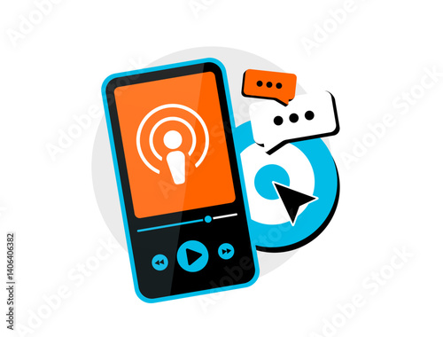 Podcast marketing uses audio content and storytelling to build trust, increase engagement and promote brands through digital channels. Podcast marketing and audio advertising vector illustration