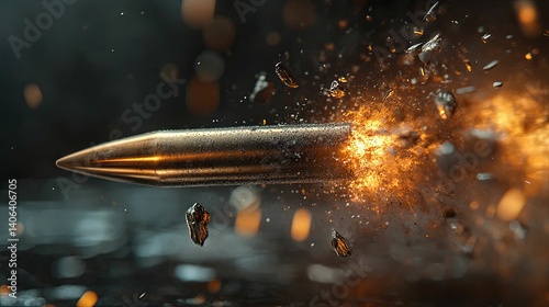 A high-speed bullet explodes on impact, releasing intense fragmentation.