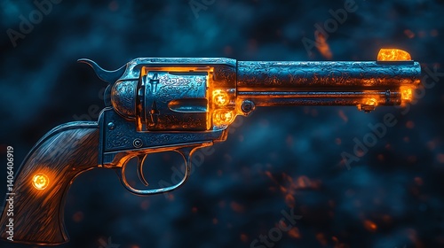 Ornate Revolver Photo Glowing With Fire In Cinematic Dark Moody Style