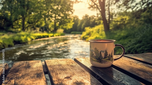 A rustic mug of tea resting on a picnic table beside a peaceful riverside
