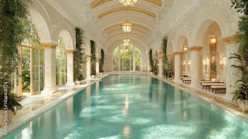 Luxurious Indoor Swimming Pool with Gold Accents and Lush Greenery