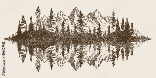 Forest and mountains are reflected in the lake, vector sketch, imitation of a pencil drawing