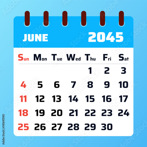 Flat June 2045 Calendar Template. Vector Monthly Planner Illustration. Simple June 2045 Design Layout