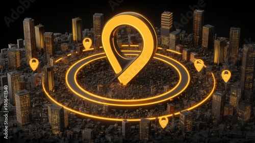 Urban landscape with a bright yellow pin indicating a specific location symbolizing success and achievement in city life
