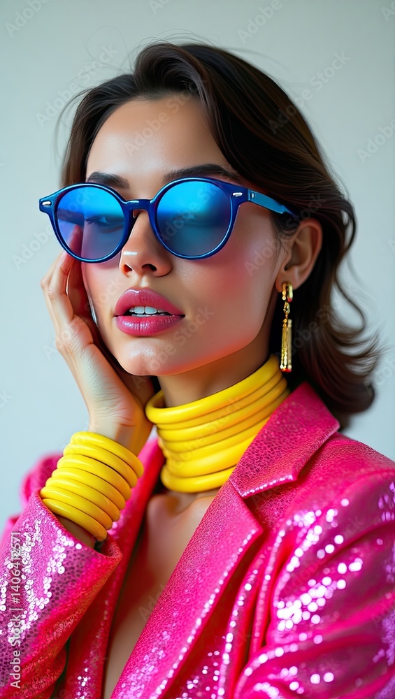 Obraz premium Stylish woman in vibrant pink blazer and yellow accessories posing confidently against a plain backdrop