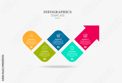 Concept of arrow business model with 5 successive steps. Six colorful graphic elements. Timeline design for brochure, presentation.