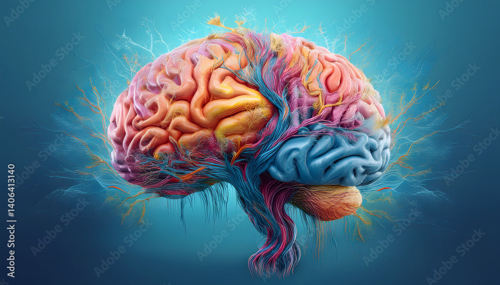 A colorful brain illustration with intricate, flowing connections A colorful brain illustration with intricate, flowing connections