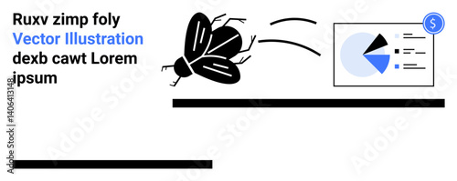 Fly in motion toward a data analytics pie chart financial symbol nearby. Ideal for finance, analytics, nuisance cost, data tracking, problem solving, productivity, simple landing page