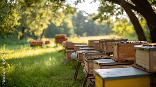 Wooden beehives in a sunlit meadow
