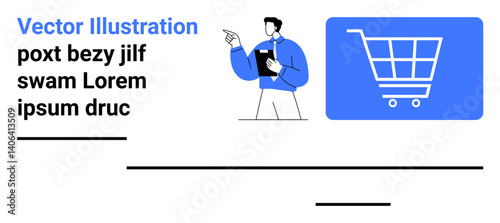 Man pointing at shopping cart icon while holding clipboard. Ideal for marketing, e-commerce, retail, online shopping, business strategy, sales planning, and simple landing page