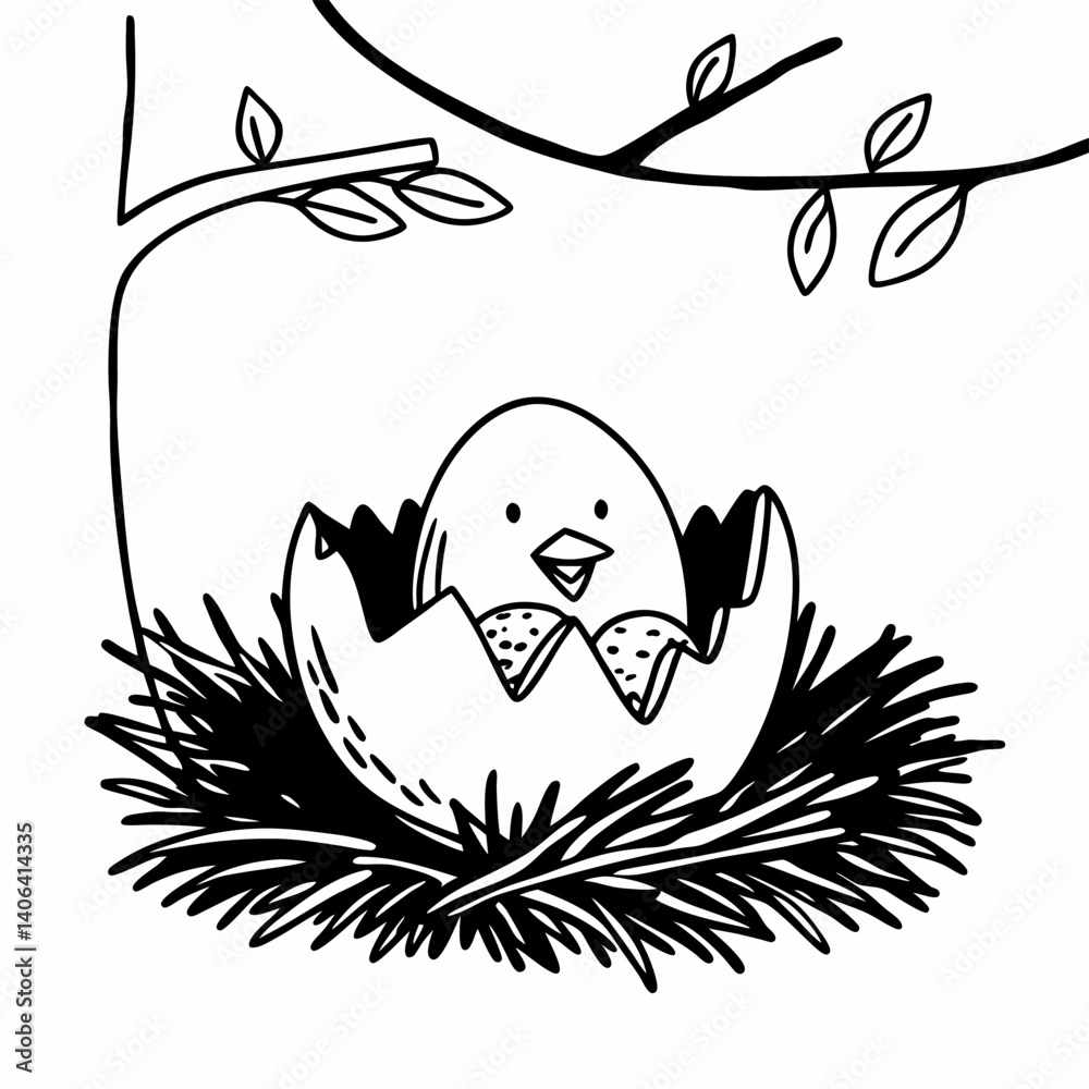 Obraz premium Cute cartoon baby bird in nest on tree branch, black and white line drawing with bold outlines, whimsical minimalist sketch, children’s book style, circular nature-themed composition