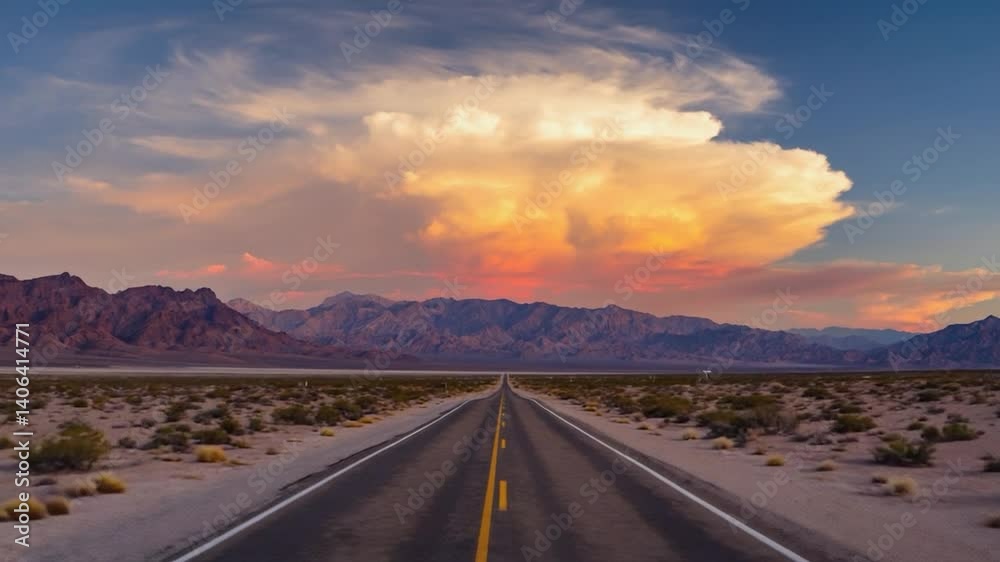 Desert Road at Sunset. Scenic Desert Road Leading to Mountains Desert Road at Sunset. Scenic Desert Road Leading to Mountains
