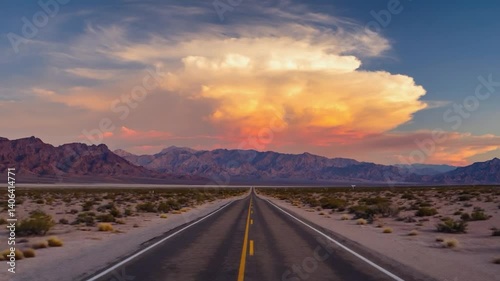 Desert Road at Sunset. Scenic Desert Road Leading to Mountains