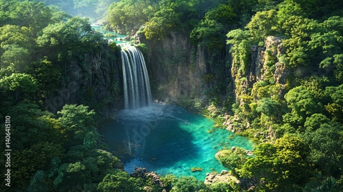 Serene Waterfall Cascading into Crystal Clear Tropical Pool