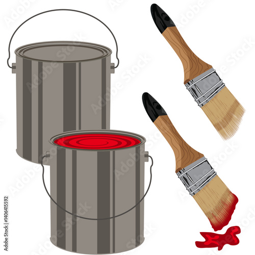 paint bucket and brush, bucket of red paint and a brush.