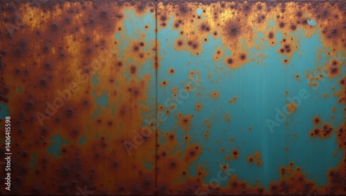 A textured rust background with layers of oxidized metal in reddish-brown and teal, industrial and gritty