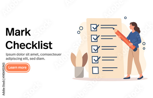The character is filling out a large checklist while holding a pencil. A woman checks off items on the survey form's checklist.. Vector illustration of a flat cartoon