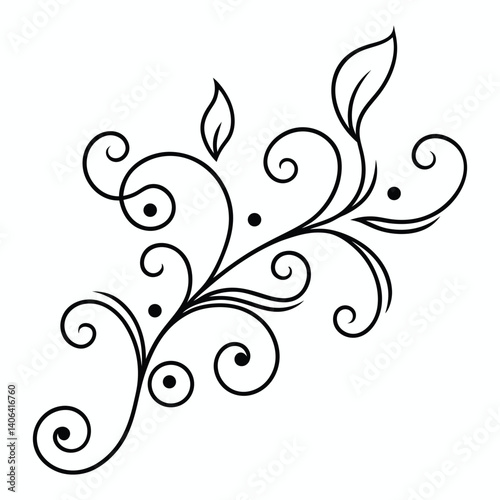 Elegant black and white floral swirl, calligraphic spring flourish scroll ornament design for graphic elements Featuring Curved Vines, Filigree calligraphy motif Fancy lines swirls


