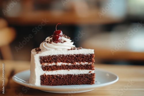 A delectable slice of layered chocolate cake with whipped cream and cherries.