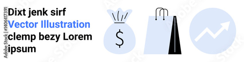 Money bag with dollar sign, shopping bag, and upward arrow on blue circle suggesting growth. Ideal for e-commerce, finance, retail, marketing, trends, investment simple landing page
