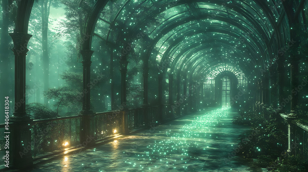 Obraz premium Mystical, glowing pathway through an overgrown archway