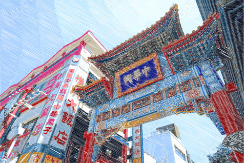 横浜中華街にそびえる牌楼門、横浜中華街のシンボルの善隣門
