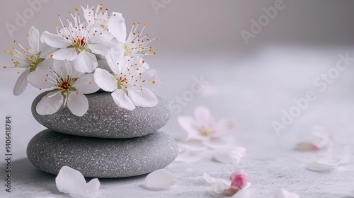 Zen stones with delicate white blossoms