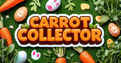 Bright image showcases Carrot Collector title. Carrots, eggs, foliage surround bold lettering. Playful design suggests game or springtime theme. Colorful, vibrant presentation.