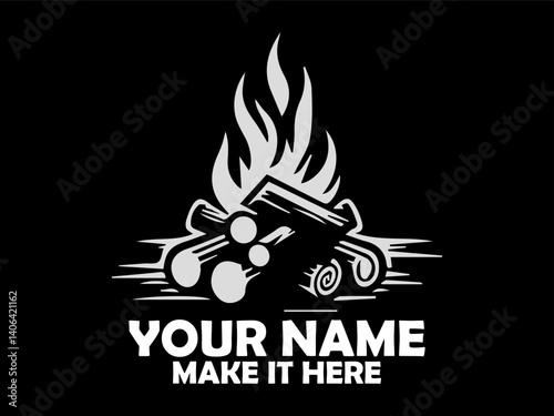 Stylized white silhouette of a crackling campfire with burning logs against a stark black backdrop. Nature concept, illustration crackling campfire vector art and crackling campfire logo