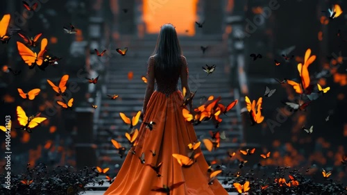 A captivating scene featuring a woman in an orange dress surrounded by colorful butterflies, creating an enchanting and magical atmosphere in a dreamy landscape.