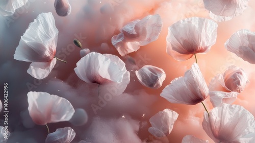 A serene composition of delicate, pink flowers floating amidst soft clouds, creating a dreamy, ethereal atmosphere.