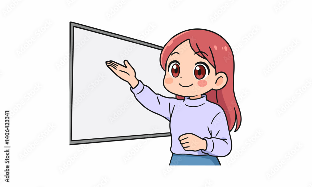 Cute woman pointing away hands and showing white board cartoon illustration Cute woman pointing away hands and showing white board cartoon illustration