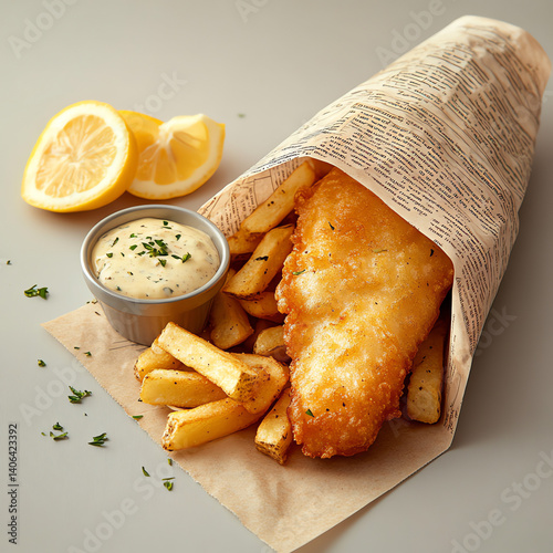 Crispy golden fish & chips with zesty tartar sauce, wrapped in newspaper for that authentic British pub vibe. A classic, comforting UK takeaway meal
