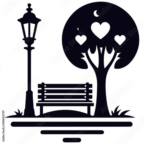 Park bench and tree streetlight illustration emphasizing stylish bench, creative trees, and heart design